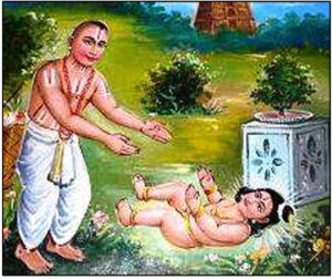 Shri Vishnuchitta finds a baby girl in a bush of Tulsi plant.png