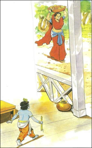 Shri Krishna ask for fruits from the seller lady without money.png
