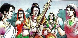 Narada Ask the Gopis of Vrindavan the dust from their feet to help cure Krishna's headache.jpg