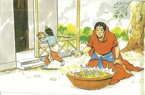 Remaining fruits from the basket turns into gold after Krishna take some.jpg